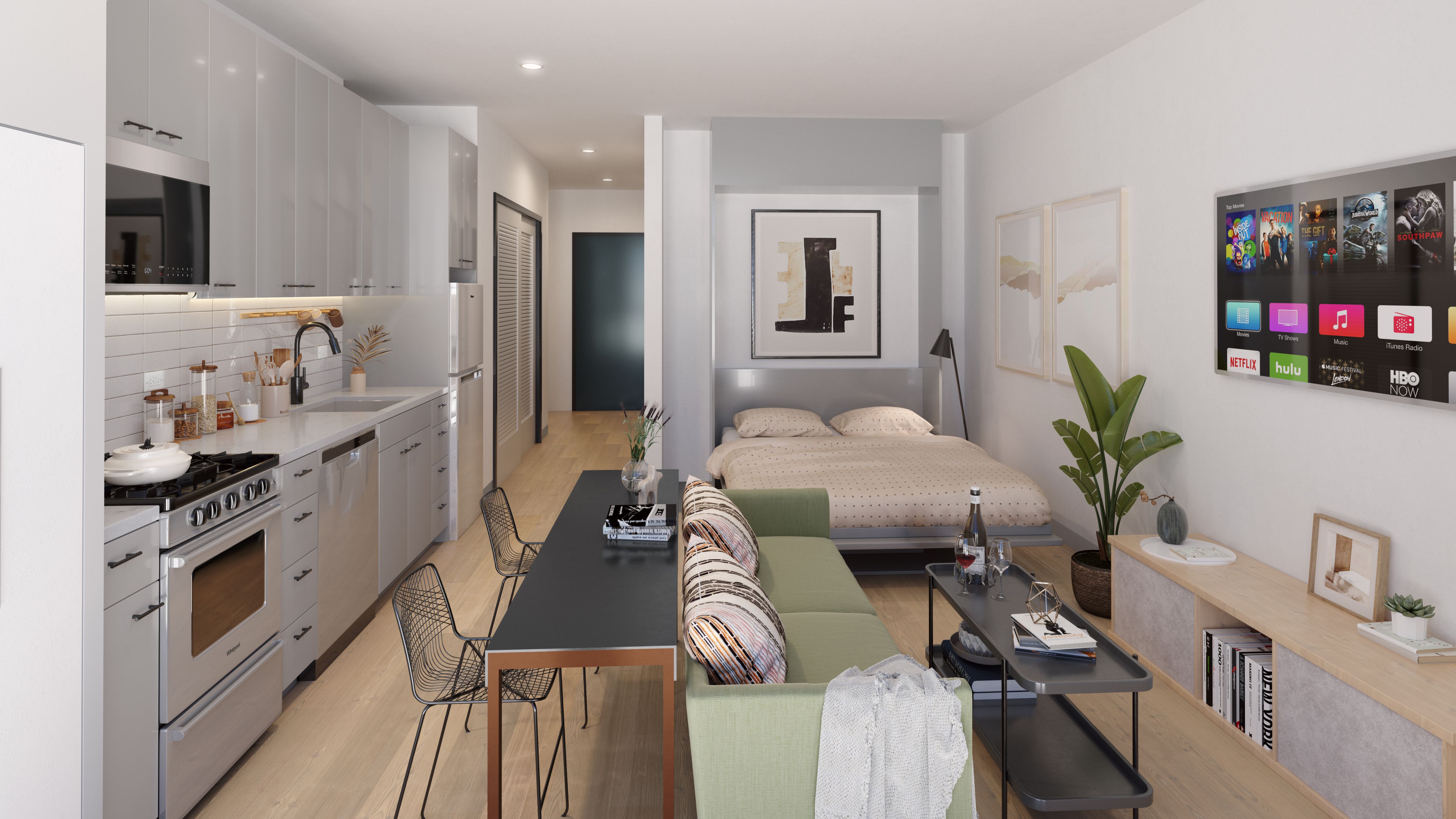 Triangle square studio apartment rendering