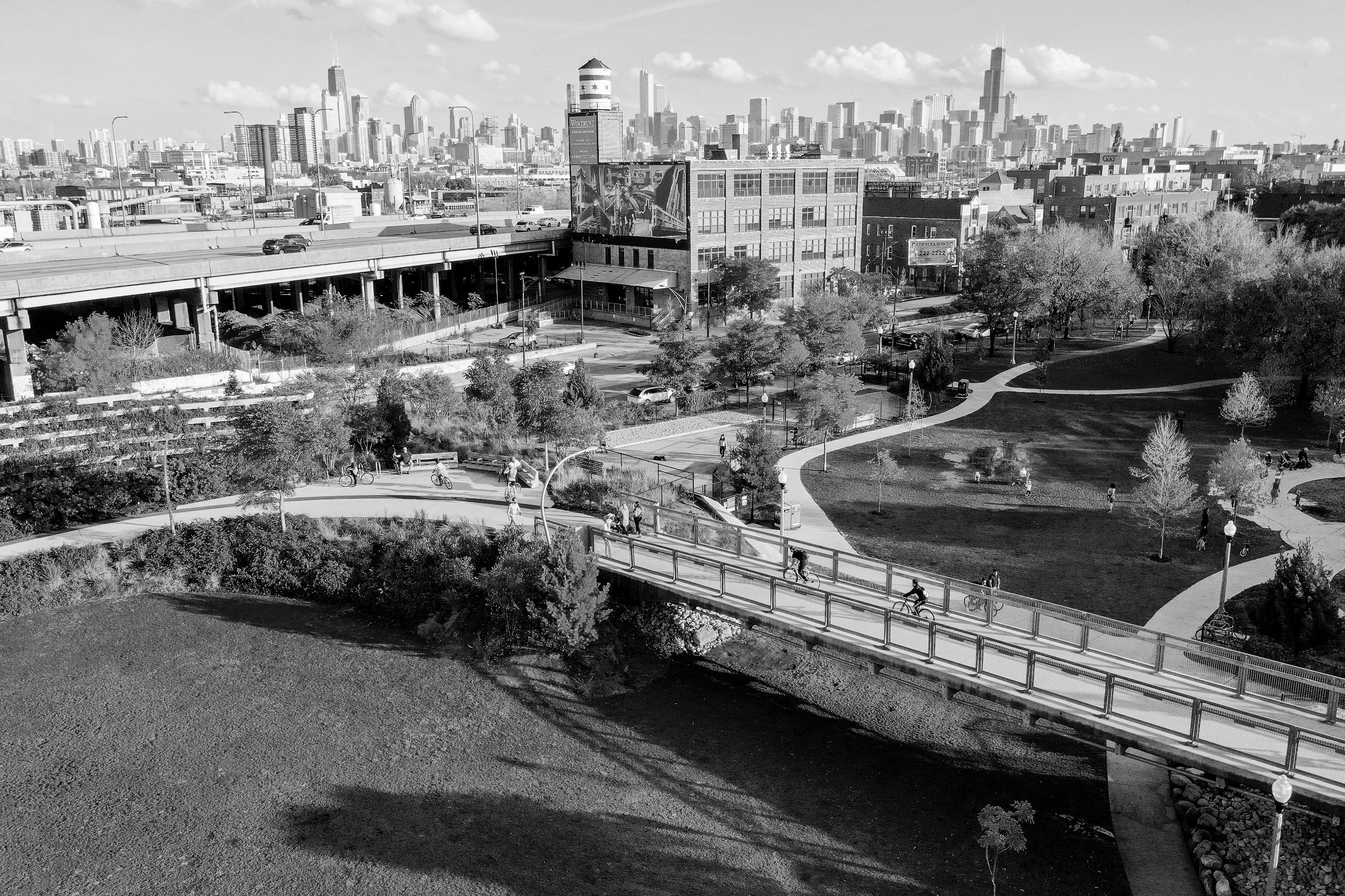 Black and white photo of The 606 park in the Bucktown neighborhood of Chicago